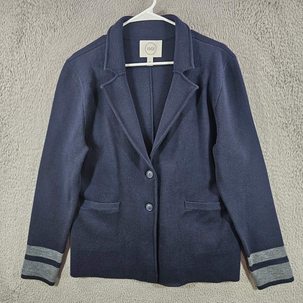 1901 Nordstrom Navy Blue Merino Wool Blend Knit Blazer Jacket Grey‎ Stripes L